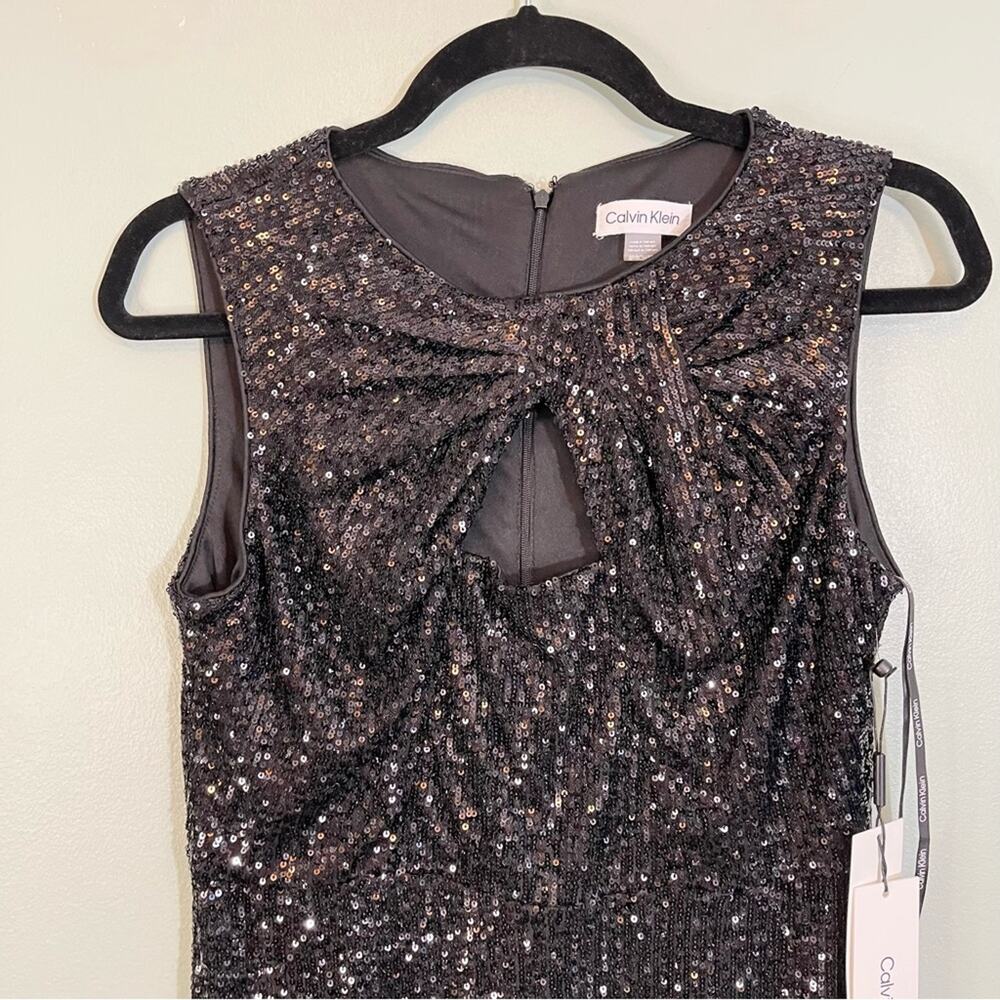 Calvin Stretch All Over Sequin Knot Detail Party Sheath Dress Black Size 8P NWT - Picture 4 of 15